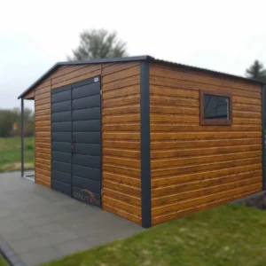 Domek ogrodowy 5x3 m Złoty Dąb / Grafit | Boczna Wiata 1m | Okno | Profil