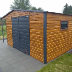 Domek ogrodowy 5x3 m Złoty Dąb / Grafit | Boczna Wiata 1m | Okno | Profil