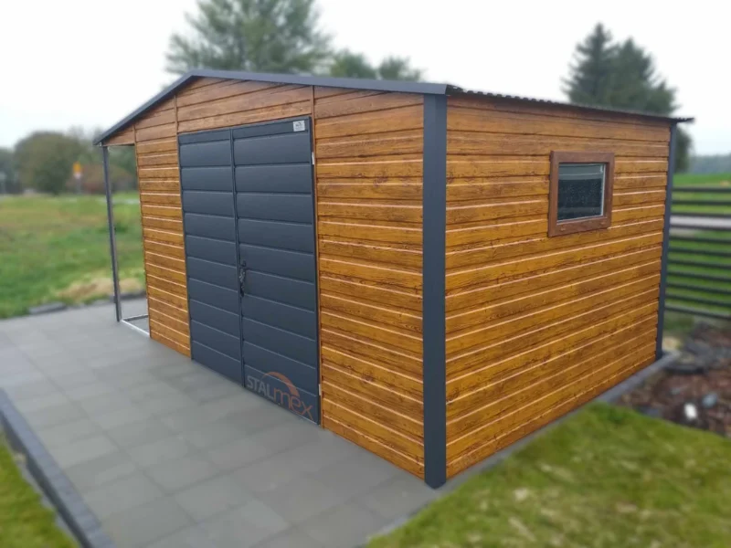Domek ogrodowy 5x3 m Złoty Dąb / Grafit | Boczna Wiata 1m | Okno | Profil