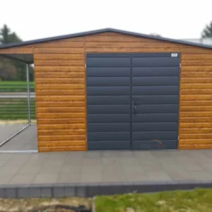 Domek ogrodowy 5x3 m Złoty Dąb / Grafit | Boczna Wiata 1m | Okno | Profil