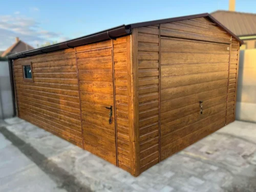 Garaż blaszany drewnopodobny 4x5m Złoty Dąb | Poziomy Panel | Osobne Drzwi i Rynny | Profil