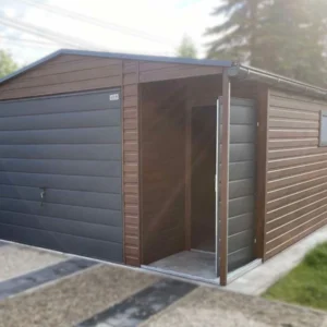 Garaż blaszany z Wnęką 4,5x6m Orzech / Grafit | Osobne Drzwi i Okno | Filc i Rynny | Profil