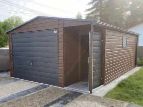Garaż blaszany z Wnęką 4,5x6m Orzech / Grafit | Osobne Drzwi i Okno | Filc i Rynny | Profil