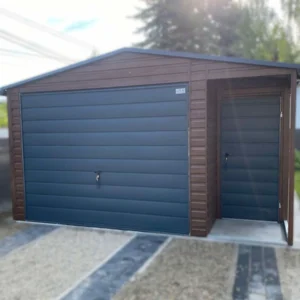 Garaż blaszany z Wnęką 4,5x6m Orzech / Grafit | Osobne Drzwi i Okno | Filc i Rynny | Profil