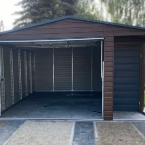 Garaż blaszany z Wnęką 4,5x6m Orzech / Grafit | Osobne Drzwi i Okno | Filc i Rynny | Profil