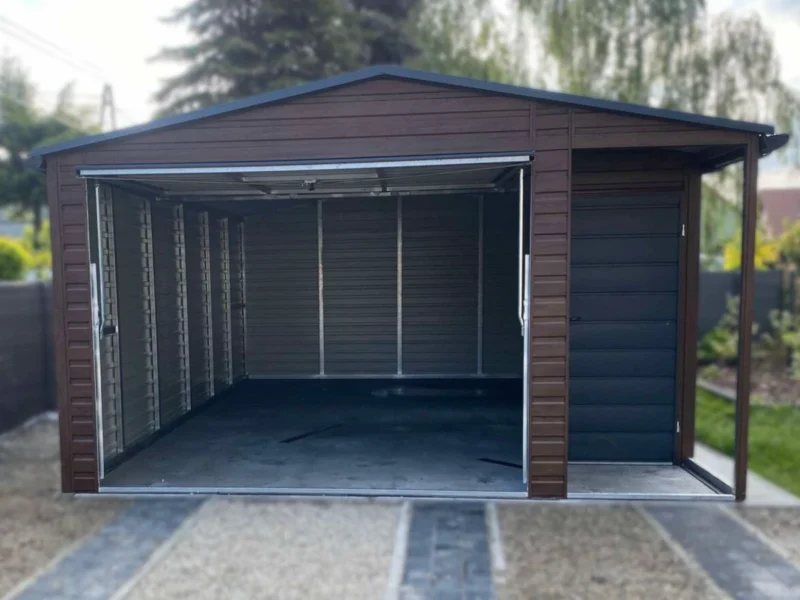 Garaż blaszany z Wnęką 4,5x6m Orzech / Grafit | Osobne Drzwi i Okno | Filc i Rynny | Profil
