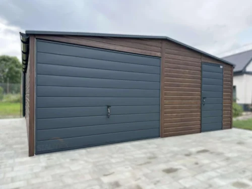 Garaż blaszany drewnopodobny 6x6m Orzech / Grafit | Strefa Warsztatowa z 2 Oknami | Profil