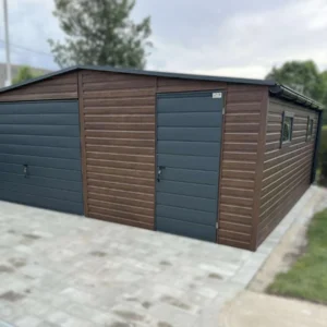 Garaż blaszany drewnopodobny 6x6m Orzech / Grafit | Strefa Warsztatowa z 2 Oknami | Profil