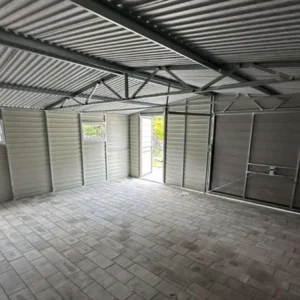 Garaż blaszany drewnopodobny 6x6m Orzech / Grafit | Strefa Warsztatowa z 2 Oknami | Profil