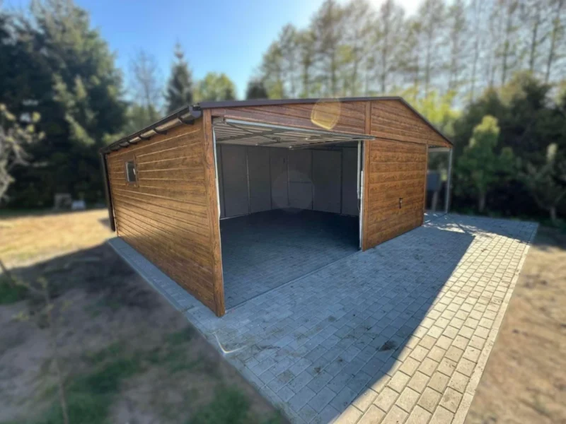 Garaż blaszany podwójny 8x6m Złoty Dąb | Garaż 6m + Wiata 2m | Filc i Rynny | Profil
