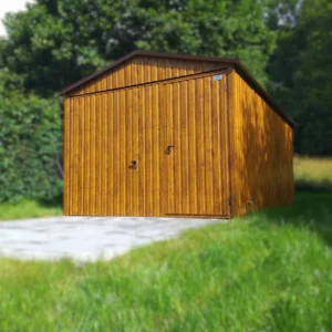 Garaż blaszany drewnopodobny 3x5m Złoty Dąb | Brama Uchylna z Drzwiami Przejściowymi | Profil