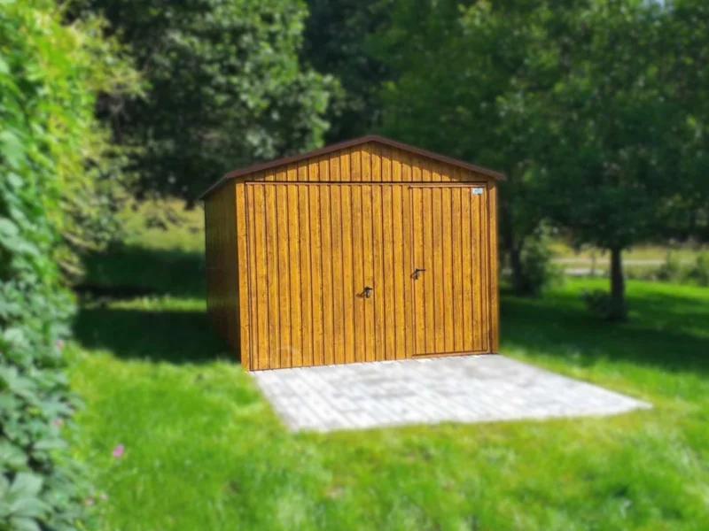 Garaż blaszany drewnopodobny 3x5m Złoty Dąb | Brama Uchylna z Drzwiami Przejściowymi | Profil