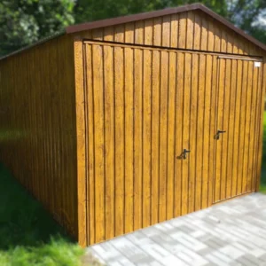 Garaż blaszany drewnopodobny 3x5m Złoty Dąb | Brama Uchylna z Drzwiami Przejściowymi | Profil