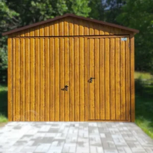 Garaż blaszany drewnopodobny 3x5m Złoty Dąb | Brama Uchylna z Drzwiami Przejściowymi | Profil