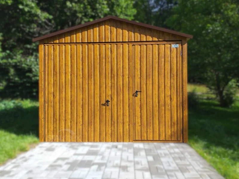 Garaż blaszany drewnopodobny 3x5m Złoty Dąb | Brama Uchylna z Drzwiami Przejściowymi | Profil