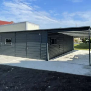Garaż blaszany z wiatą 9,5x6m Grafit BTX 7016 | Garaż 6,5 m + Wiata 3m | 4 Duże Okna | Profil