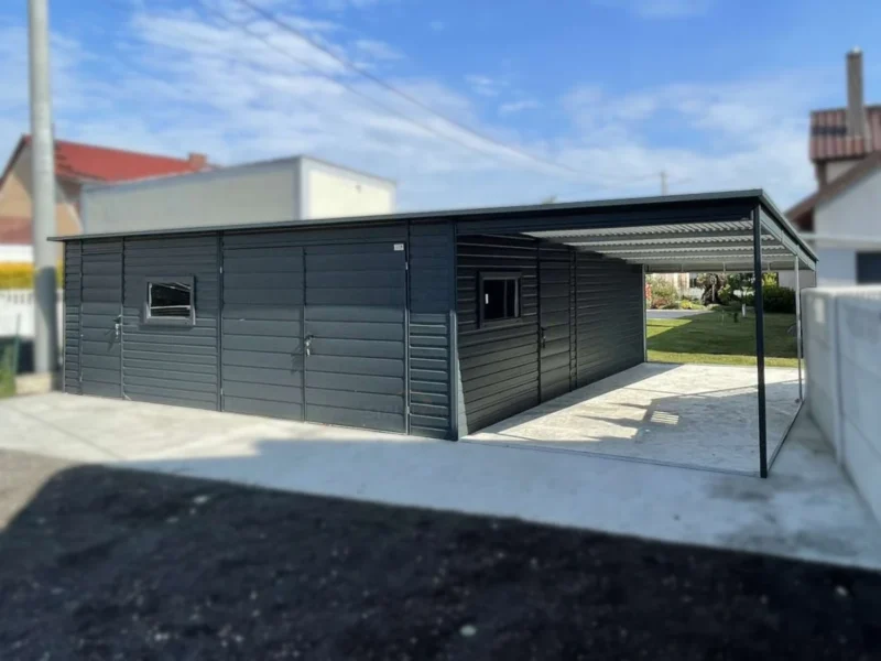 Garaż blaszany z wiatą 9,5x6m Grafit BTX 7016 | Garaż 6,5 m + Wiata 3m | 4 Duże Okna | Profil