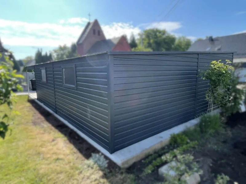 Garaż blaszany z wiatą 9,5x6m Grafit BTX 7016 | Garaż 6,5 m + Wiata 3m | 4 Duże Okna | Profil
