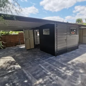 Garaż blaszany z Wiatą 9x5m Grafit RAL 7016 | Brama Uchylna | 4 Okna i 2 Drzwi | Profil