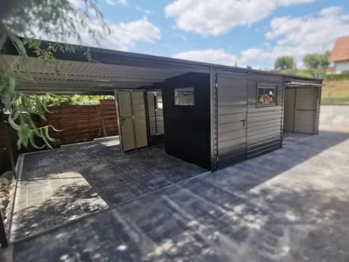 Garaż blaszany z Wiatą 9x5m Grafit RAL 7016 | Brama Uchylna | 4 Okna i 2 Drzwi | Profil