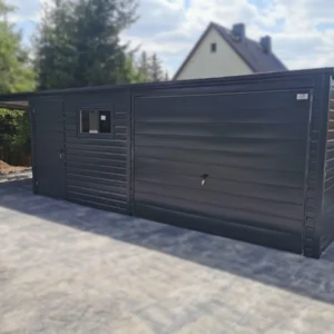 Garaż blaszany z Wiatą 9x5m Grafit RAL 7016 | Brama Uchylna | 4 Okna i 2 Drzwi | Profil