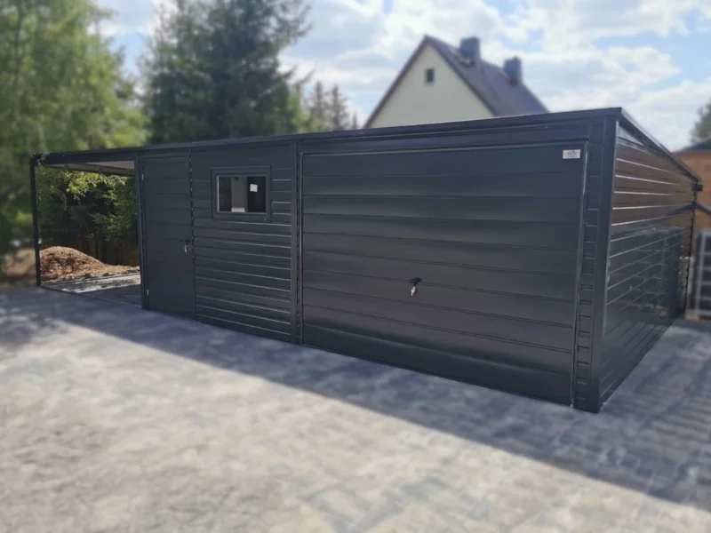 Garaż blaszany z Wiatą 9x5m Grafit RAL 7016 | Brama Uchylna | 4 Okna i 2 Drzwi | Profil