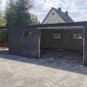 Garaż blaszany z Wiatą 9x5m Grafit RAL 7016 | Brama Uchylna | 4 Okna i 2 Drzwi | Profil