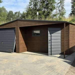 Garaż blaszany z Wnęką zadaszoną  7x5m Orzech / Grafit |  Osobne Drzwi i Okno | Profil