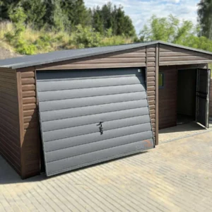 Garaż blaszany z Wnęką zadaszoną  7x5m Orzech / Grafit |  Osobne Drzwi i Okno | Profil