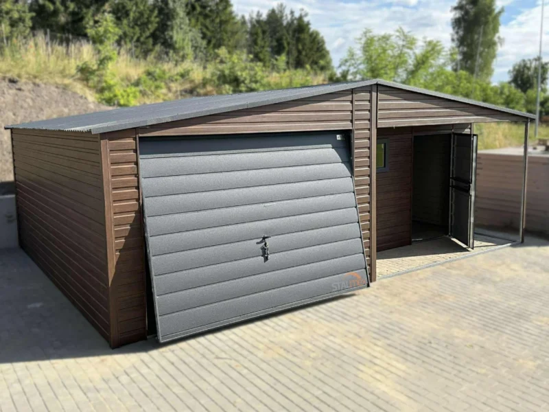 Garaż blaszany z Wnęką zadaszoną  7x5m Orzech / Grafit |  Osobne Drzwi i Okno | Profil