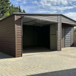 Garaż blaszany z Wnęką zadaszoną  7x5m Orzech / Grafit |  Osobne Drzwi i Okno | Profil