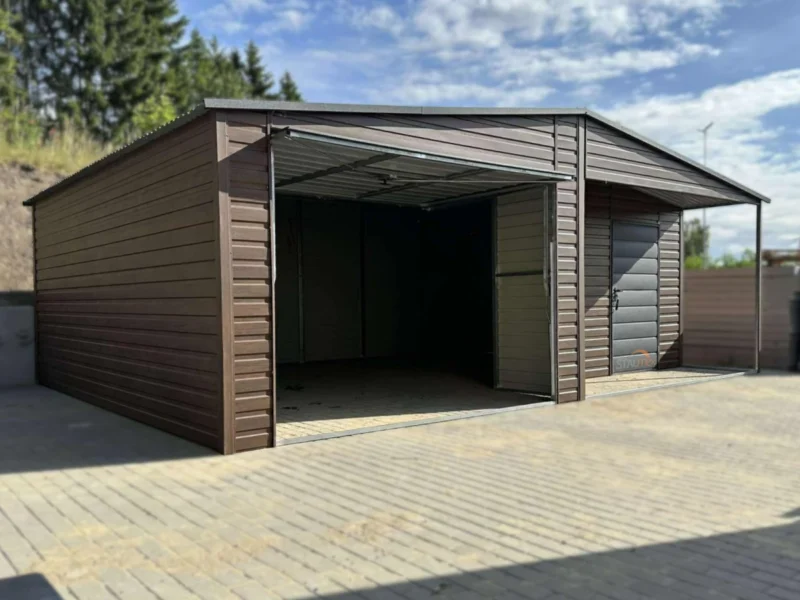 Garaż blaszany z Wnęką zadaszoną  7x5m Orzech / Grafit |  Osobne Drzwi i Okno | Profil
