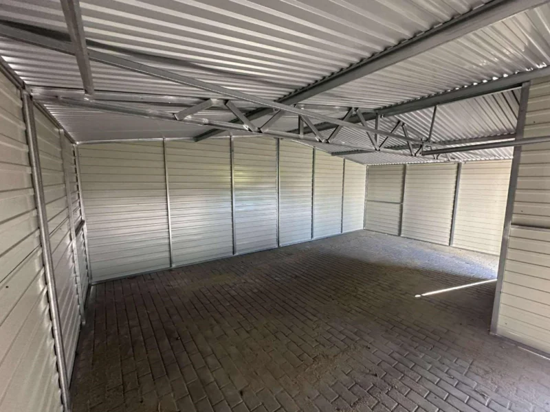 Garaż blaszany z Wnęką zadaszoną  7x5m Orzech / Grafit |  Osobne Drzwi i Okno | Profil