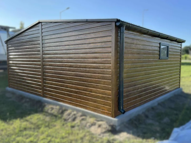 Garaż blaszany 6x5m Złoty Dąb / Grafit | Brama Uchylna | Osobne Drzwi i 2 Okna | Profil