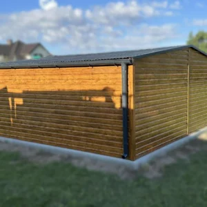 Garaż blaszany 6x5m Złoty Dąb / Grafit | Brama Uchylna | Osobne Drzwi i 2 Okna | Profil