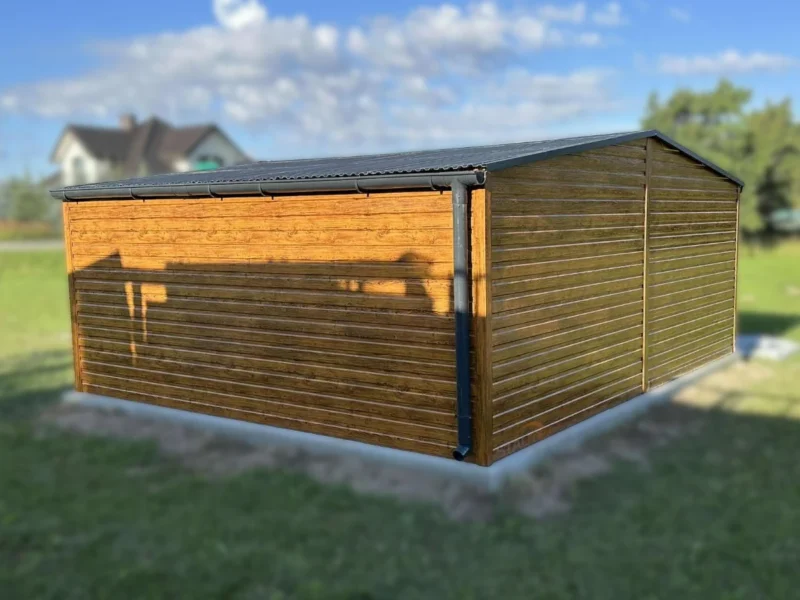 Garaż blaszany 6x5m Złoty Dąb / Grafit | Brama Uchylna | Osobne Drzwi i 2 Okna | Profil