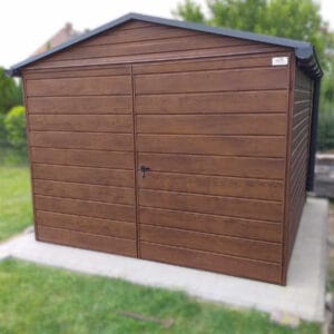 Domek ogrodowy 3x3 m Orzech | Przód Brama 3m | Dach Dwuspadowy | Profil