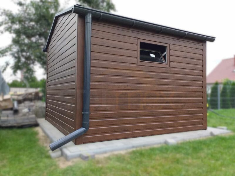 Domek ogrodowy 3x3 m Orzech | Przód Brama 3m | Dach Dwuspadowy | Profil