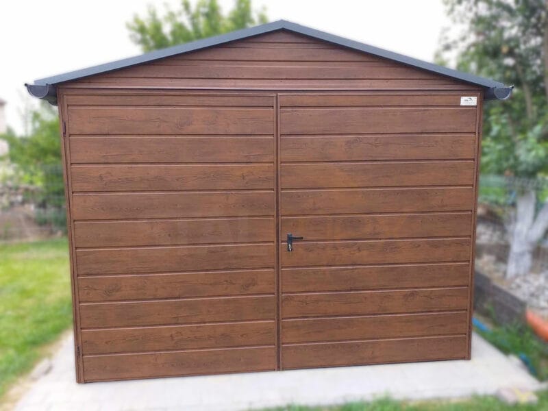 Domek ogrodowy 3x3 m Orzech | Przód Brama 3m | Dach Dwuspadowy | Profil