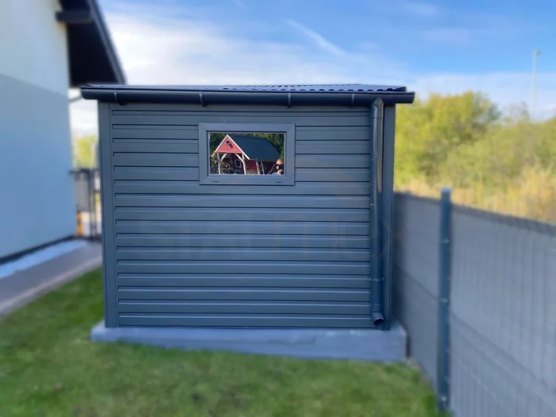 Nowoczesny Domek narzędziowy 4x2,5 m Grafit BTX 7016 | Rynny i Okno | Profil