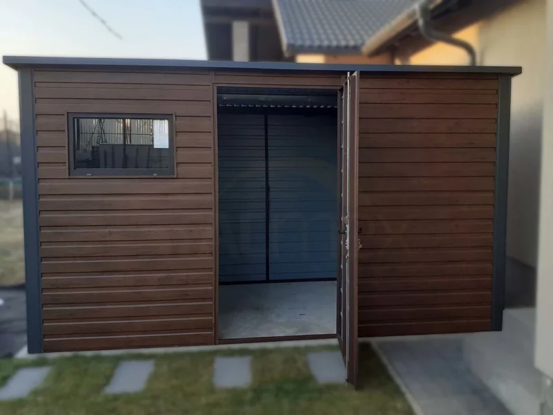 Domek ogrodowy 4x2 m drewnopodobny Orzech | Okno i Rynny | Profil