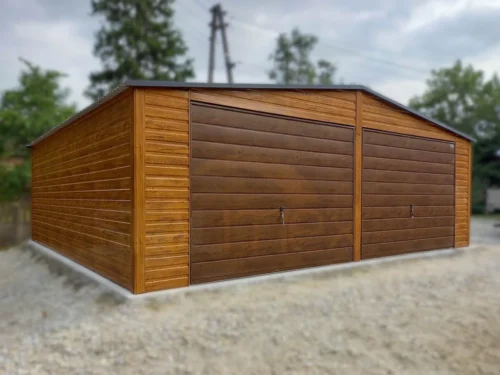 Garaż dwustanowiskowy 7x6m Złoty Dąb / Orzech | 2 Bramy + Osobne Drzwi | Filc | Profil