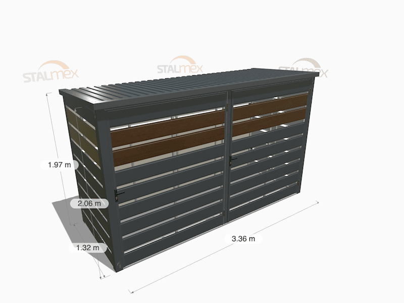 Wiata śmietnikowa modułowa [Warianty] 2-stanowiskowa | Moduł BOX 1 (2x 1100l) | Lamele | Profil