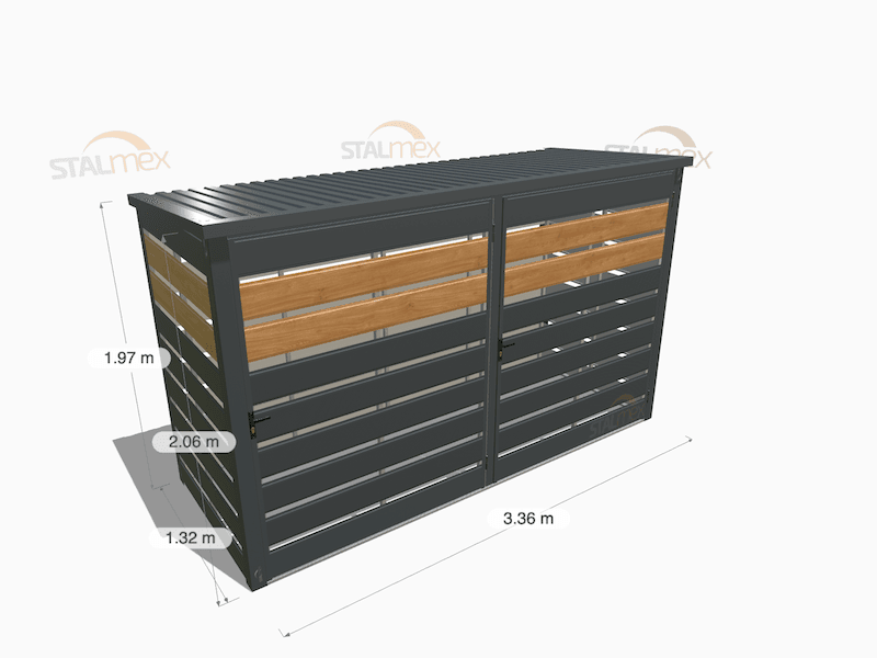 Wiata śmietnikowa modułowa [Warianty] 2-stanowiskowa | Moduł BOX 1 (2x 1100l) | Lamele | Profil