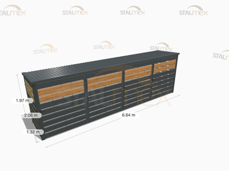 Wiata śmietnikowa modułowa [Warianty] 4-stanowiskowa | Moduł BOX 1 (4x 1100l) | Lamele | Profil