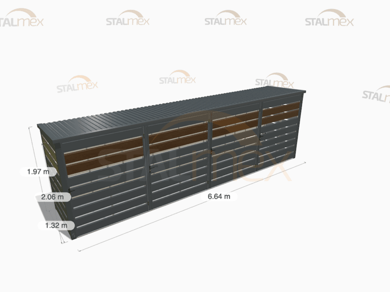 Wiata śmietnikowa modułowa [Warianty] 4-stanowiskowa | Moduł BOX 1 (4x 1100l) | Lamele | Profil