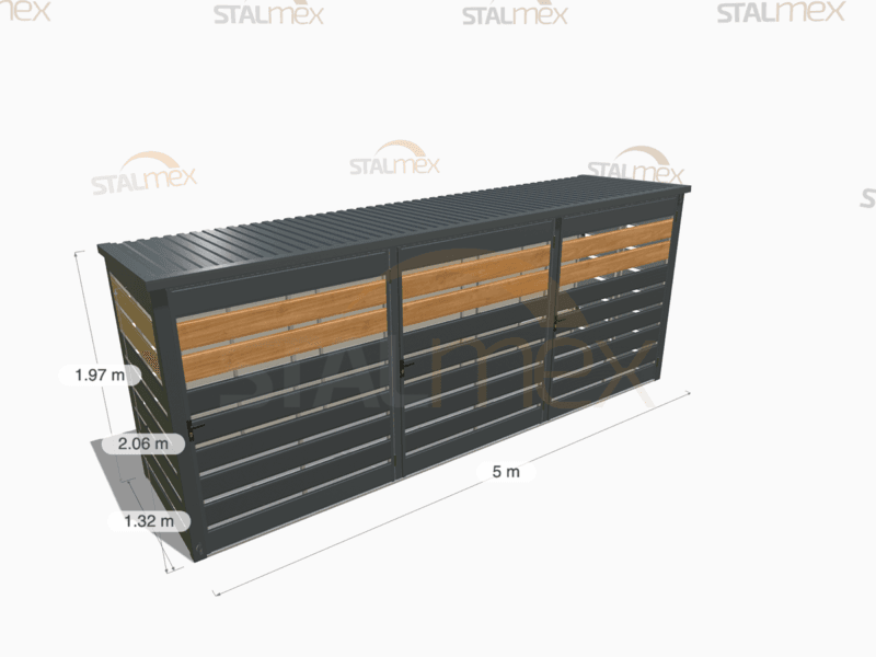 Wiata śmietnikowa modułowa [Warianty] 3-stanowiskowa | Moduł BOX 1 (3x 1100l) | Lamele | Profil