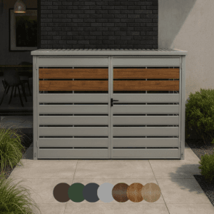 Wiata śmietnikowa modułowa [Warianty] 2-stanowiskowa | Moduł BOX 1 (2x 1100l) | Lamele | Profil