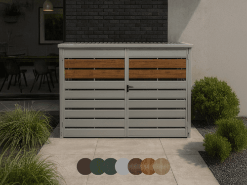 Wiata śmietnikowa modułowa [Warianty] 2-stanowiskowa | Moduł BOX 1 (2x 1100l) | Lamele | Profil