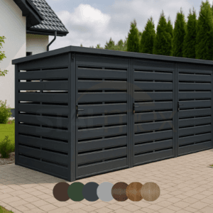 Wiata śmietnikowa modułowa [Warianty] 3-stanowiskowa | Moduł BOX 1 (3x 1100l) | Lamele | Profil